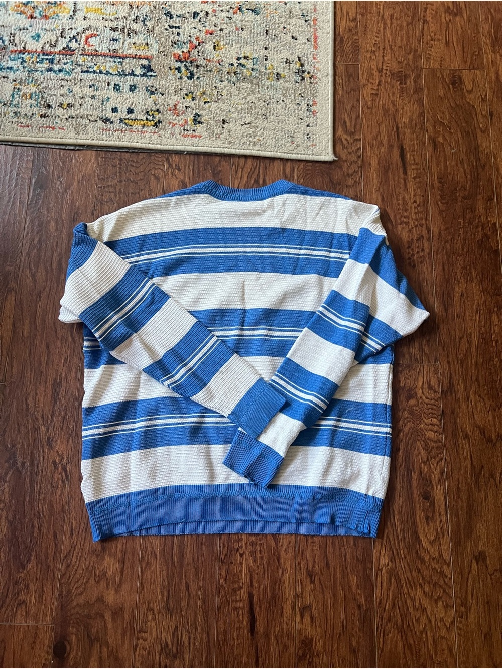 Lacoste White and Blue Horizontal Stripe Crewneck Sweater - Picture 6 of 6